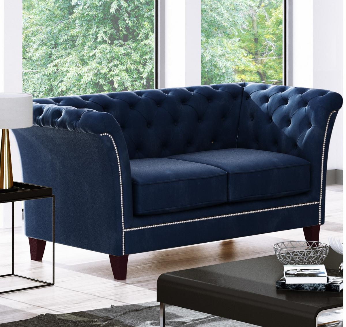 CHESTERFIELD-SOFA 2-Sitzer Fusion Blau Samt - Blau/Braun, Holz/Textil (175/75/82cm) - S-Style Möbel