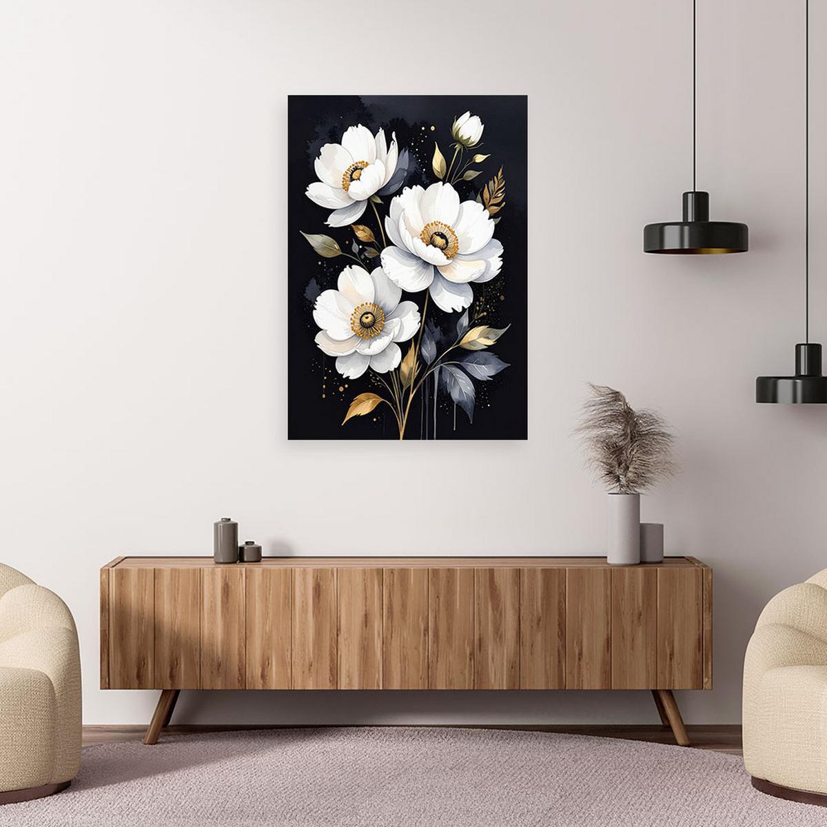 LEINWANDBILD, Weiße Blumen auf schwarzem Hintergrund - Weiß, Textil (80/120cm) - Feeby