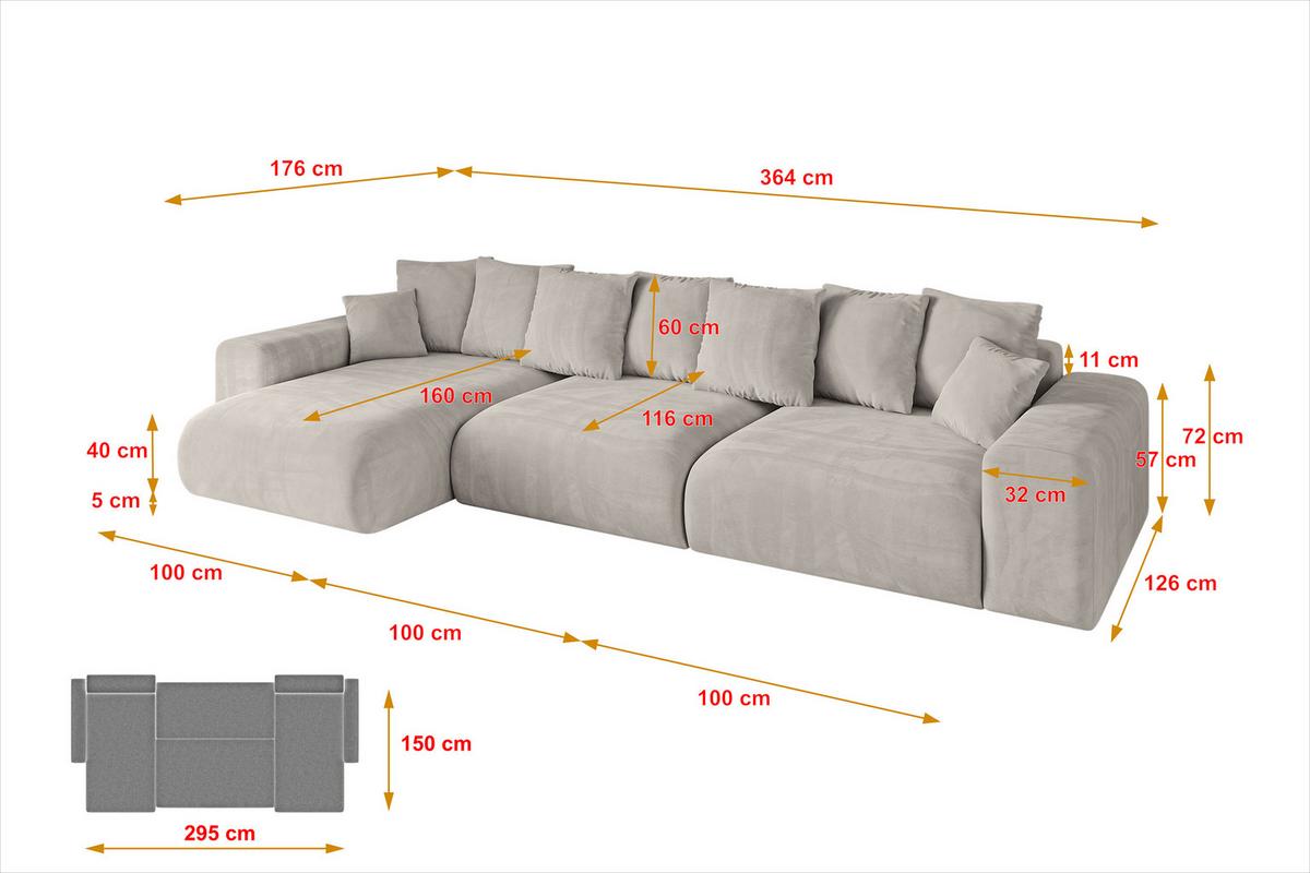 ECKSOFA Ottomane links ESKAR-L2 364x176x72 Hellbraun Velours - Hellbraun/Schwarz, Holzwerkstoff/Kunststoff (364/176cm) - ALTDECOR