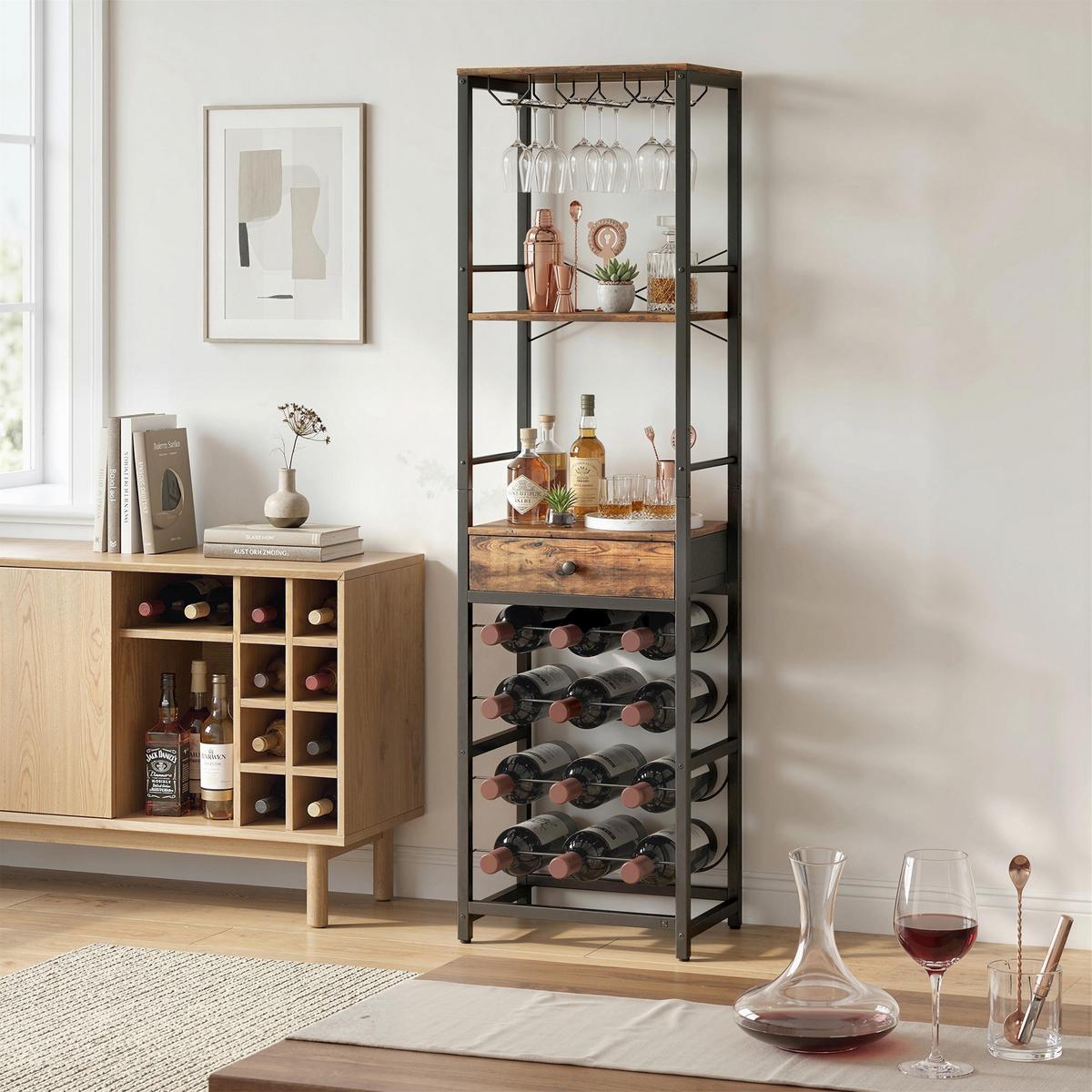 WEINREGAL Spanplatte Metall Rustikal-Braun - Schwarz/Braun, Holzwerkstoff/Metall (30/148/40cm) - HOMCOM