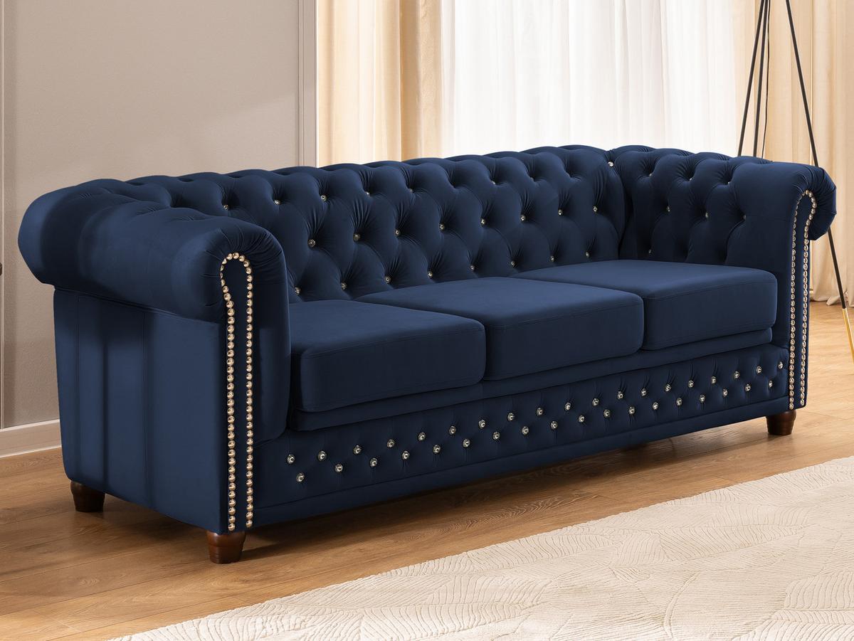 CHESTERFIELD-SOFA 3-Sitzer mit Schlaffunktion Cleo Blink Marineblau Samt mit Kristallsteppung und braunen Massivholzfüßen - Blau/Braun, Holz/Textil (203/72/86cm) - S-Style
