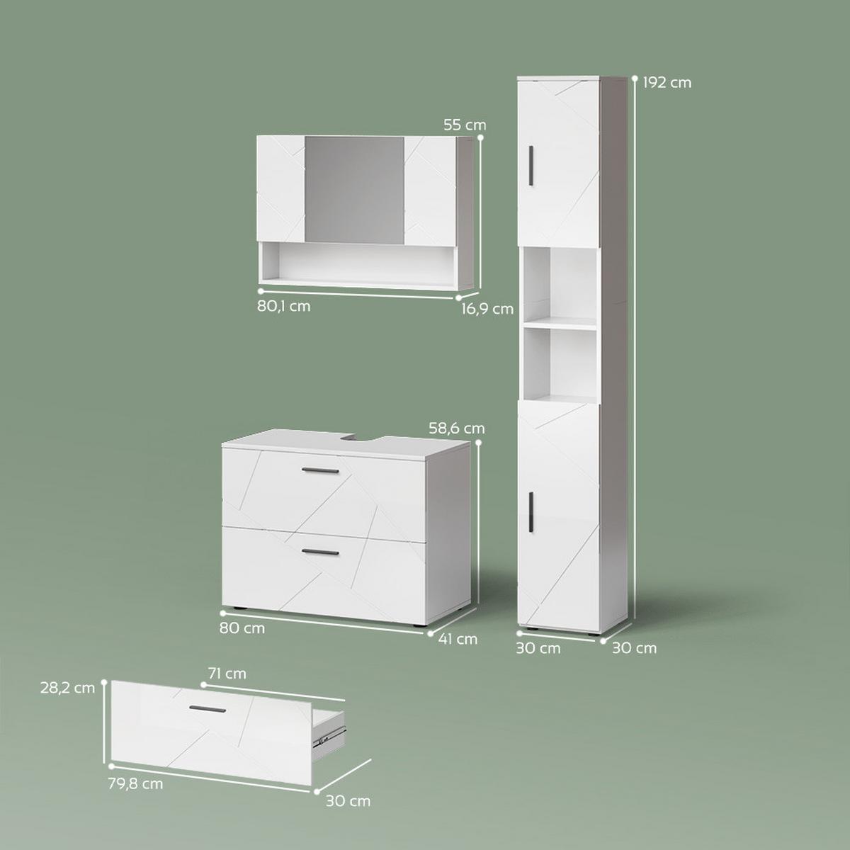 BADMÖBEL-SET Ronco Weiß Hochglanz 3 Teile, mit Spiegelschrank 80 cm - Weiß Hochglanz, Holzwerkstoff (41/80/58cm) - Livinity®