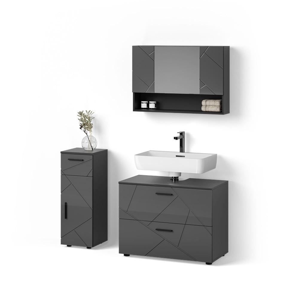 BADMÖBEL-SET Ronco Anthrazit Hochglanz 3 Teile, mit Schubladenschrank und Midischrank - Schwarz Hochglanz, Holzwerkstoff (41/80/58cm) - Livinity®