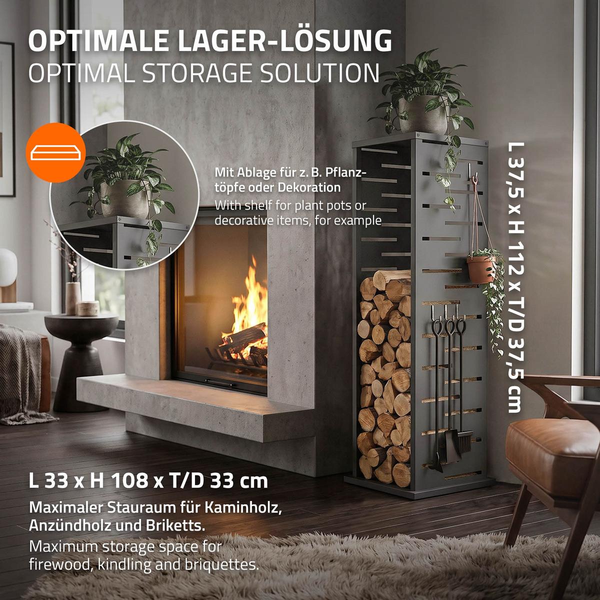 KAMINHOLZREGAL Innen Außen Brennholzregal 37,5x37,5x112 cm Stahl Verzinkt Anthrazit Gitter-Motiv - Anthrazit, Metall (37.5/112/37.5cm) - ML-DESIGN