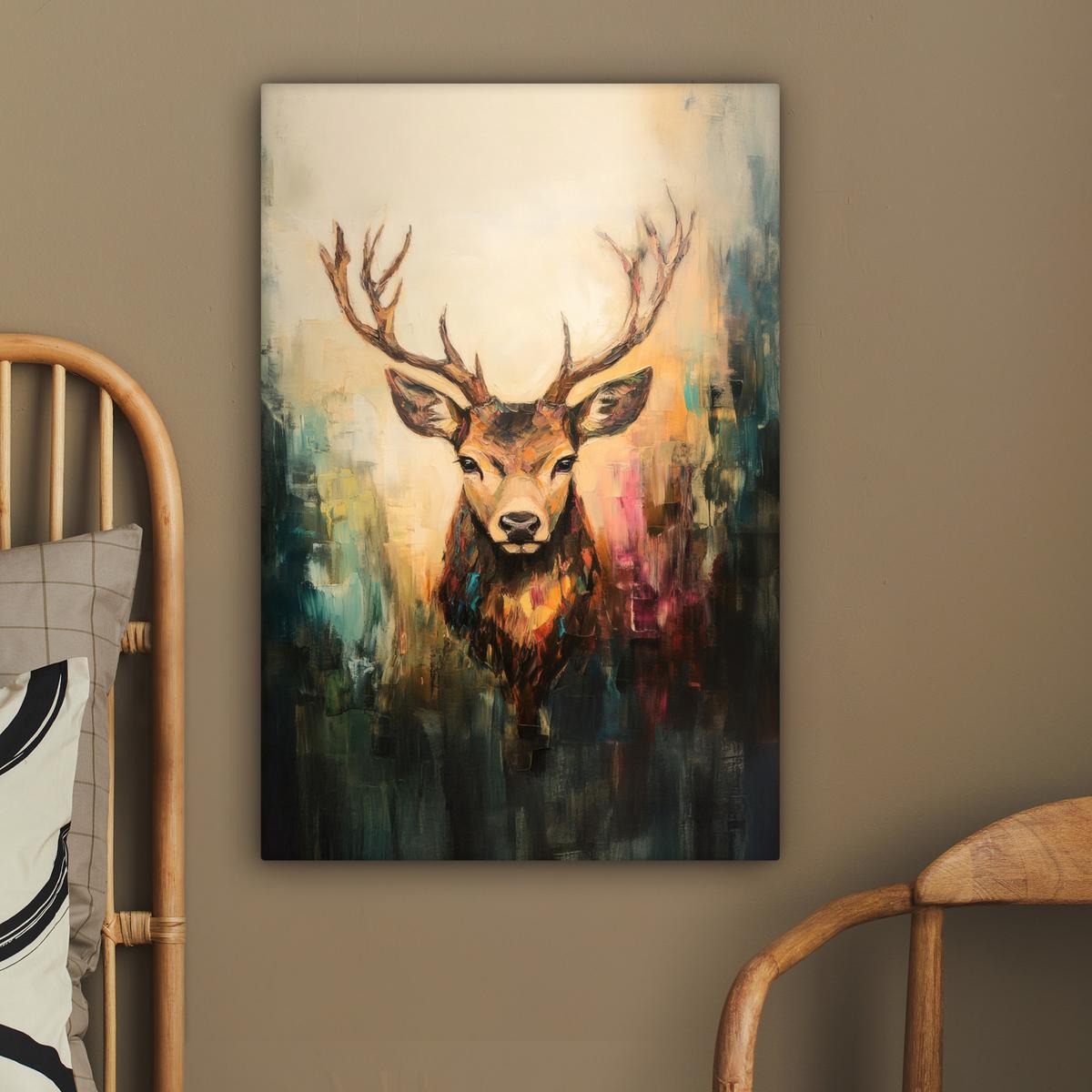 LEINWANDBILD Hirsch - Gemalt - Geweih - Braun Wanddeko Schlafzimmer 60x90 cm - Haselnussfarben, Textil (60/90cm) - MuchoWow