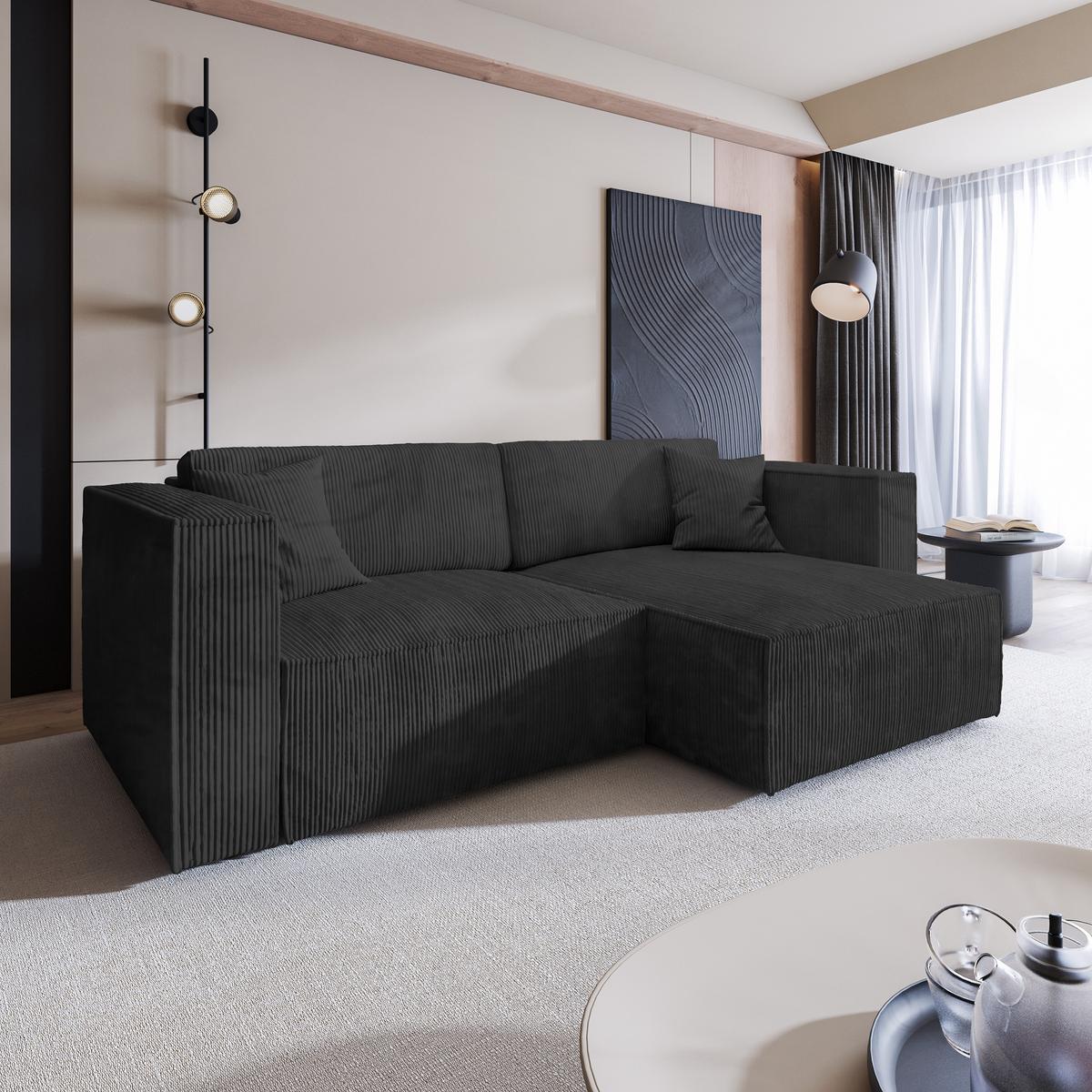 ECKSOFA NERIO P Schwarz Kordstoff mit Schlaffunktion - Schwarz/Grau, Holz/Kunststoff (245/148cm) - MASSENO