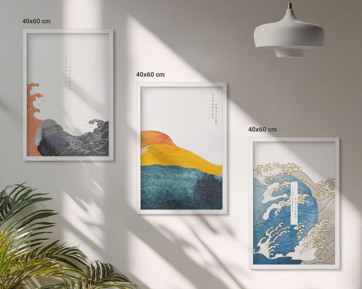 BILDER SET 3er Set - 40x60 cm Weißer Rahmen - Wellen des japanischen Grafikstils - Weiß, Kunststoff (40/60cm) - TULUP
