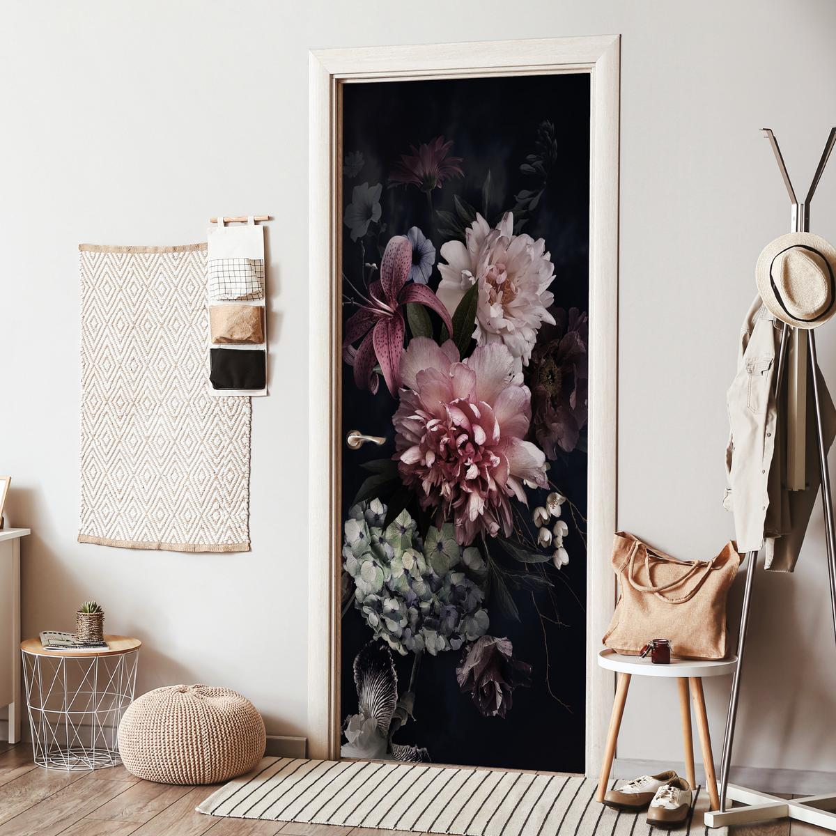 TÜRAUFKLEBER Blumen - Vintage - Pastell - Rosa - Weiß 90x235 cm - Türtapete - Altrosa, Kunststoff (90/0.1cm) - MuchoWow