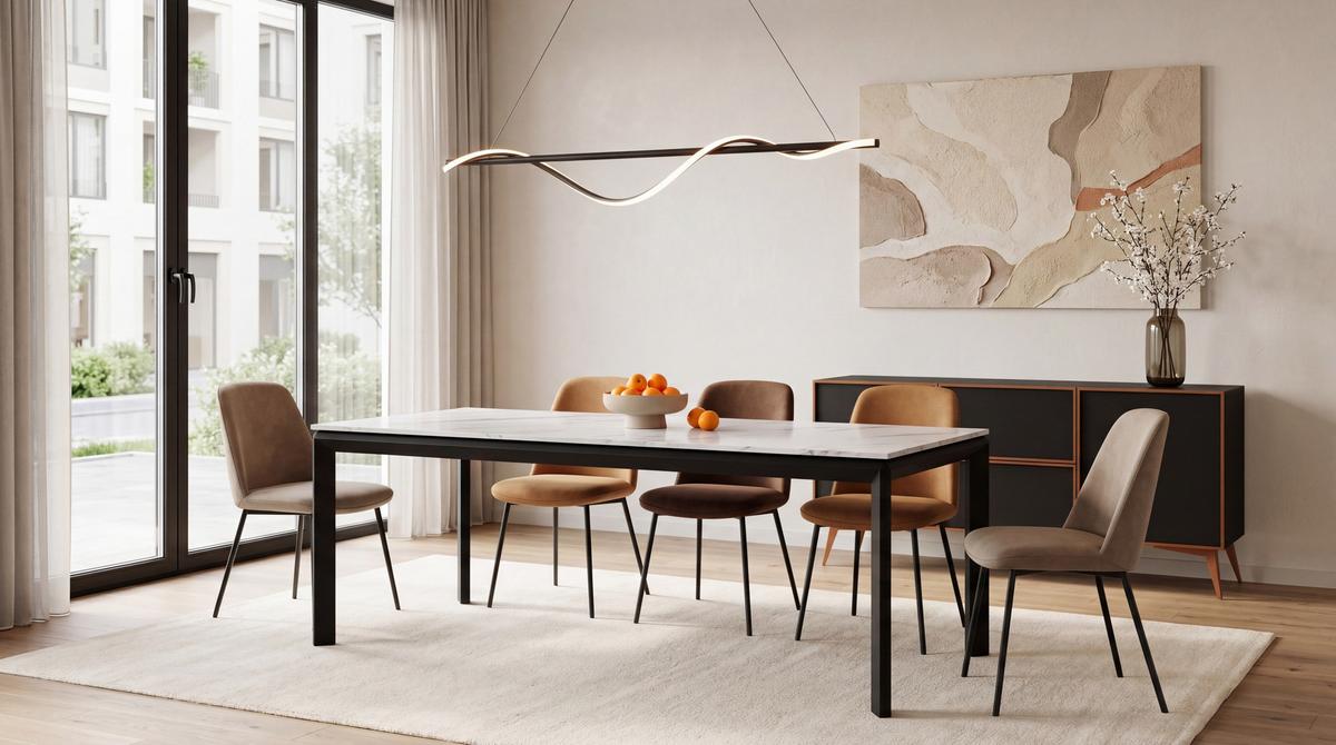 ESSTISCH Elan rechteckig ausziehbar verlängerbar mit Schwarzen Metallbeinen, Marmor Weiß 160-250/90/76 cm - Ecru/Schwarz, Holzwerkstoff/Metall (90/250/76cm) - WFL GROUP