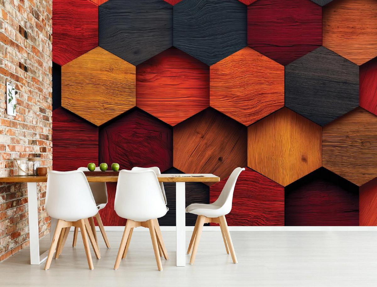 FOTOTAPETE Holz Geometrie Orange 250x175 cm - Multicolor, Papier (250/175cm) - Wallarena