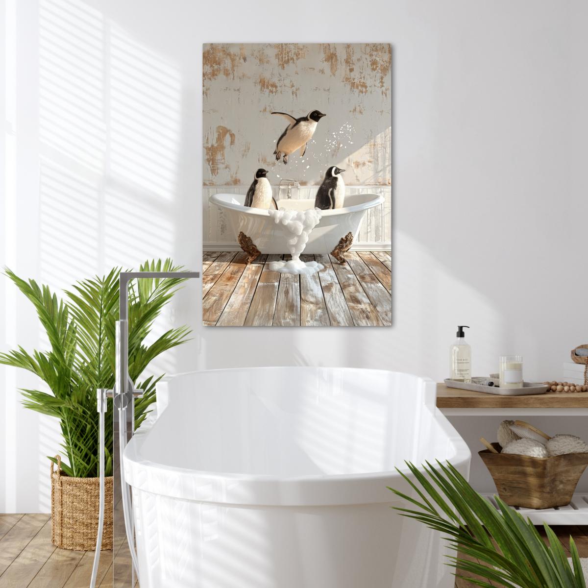 LEINWANDBILD Vintage - Pinguin - Badewanne - Schaumstoff Wanddeko Schlafzimmer 60x90 cm - Schwarz, Textil (60/90cm) - MuchoWow