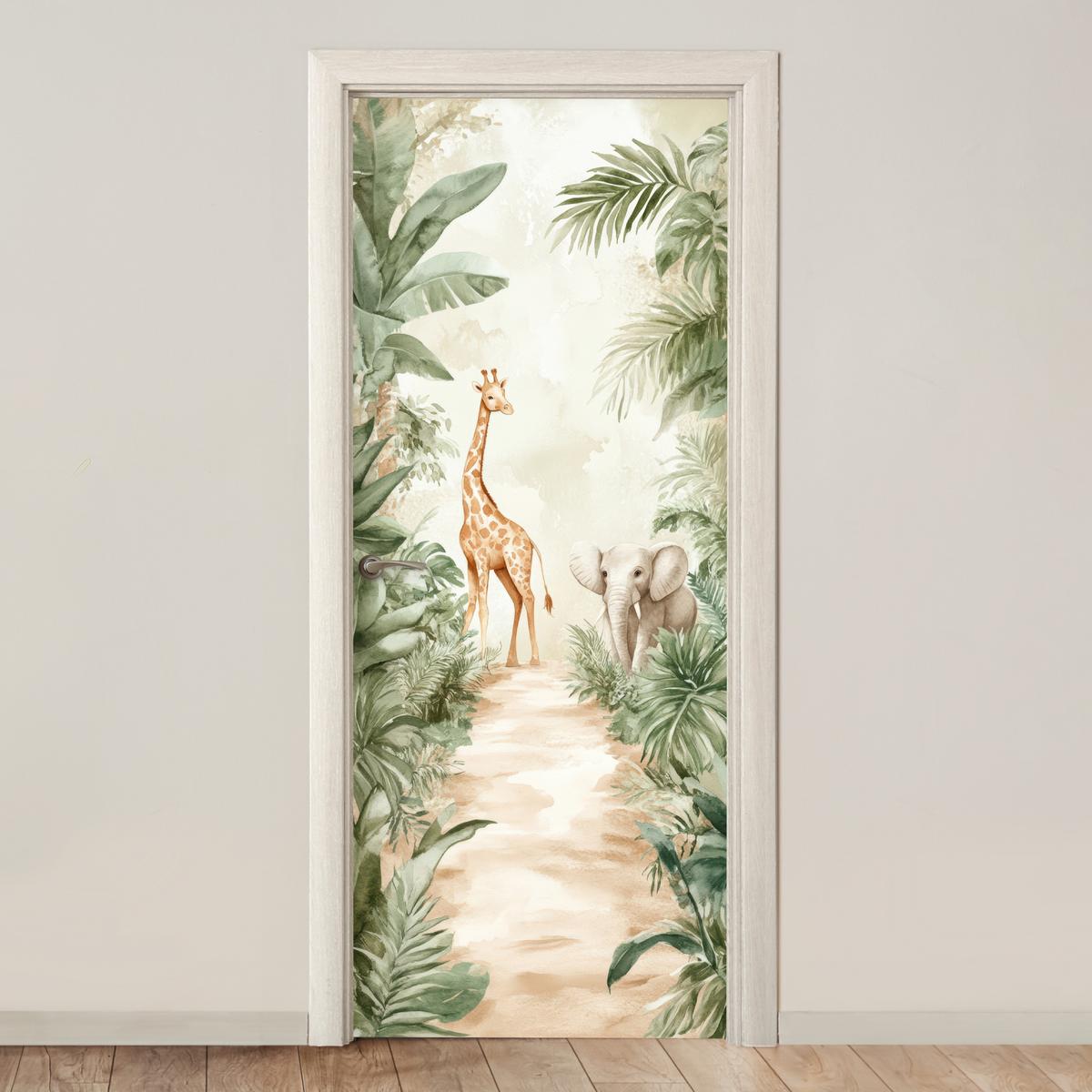TÜRAUFKLEBER Dschungel - Giraffe - Elefant - Grün - Natur Room Decor 85x205 cm - Türtapete - Eukalyptusholzfarben, Kunststoff (85/0.1cm) - MuchoWow