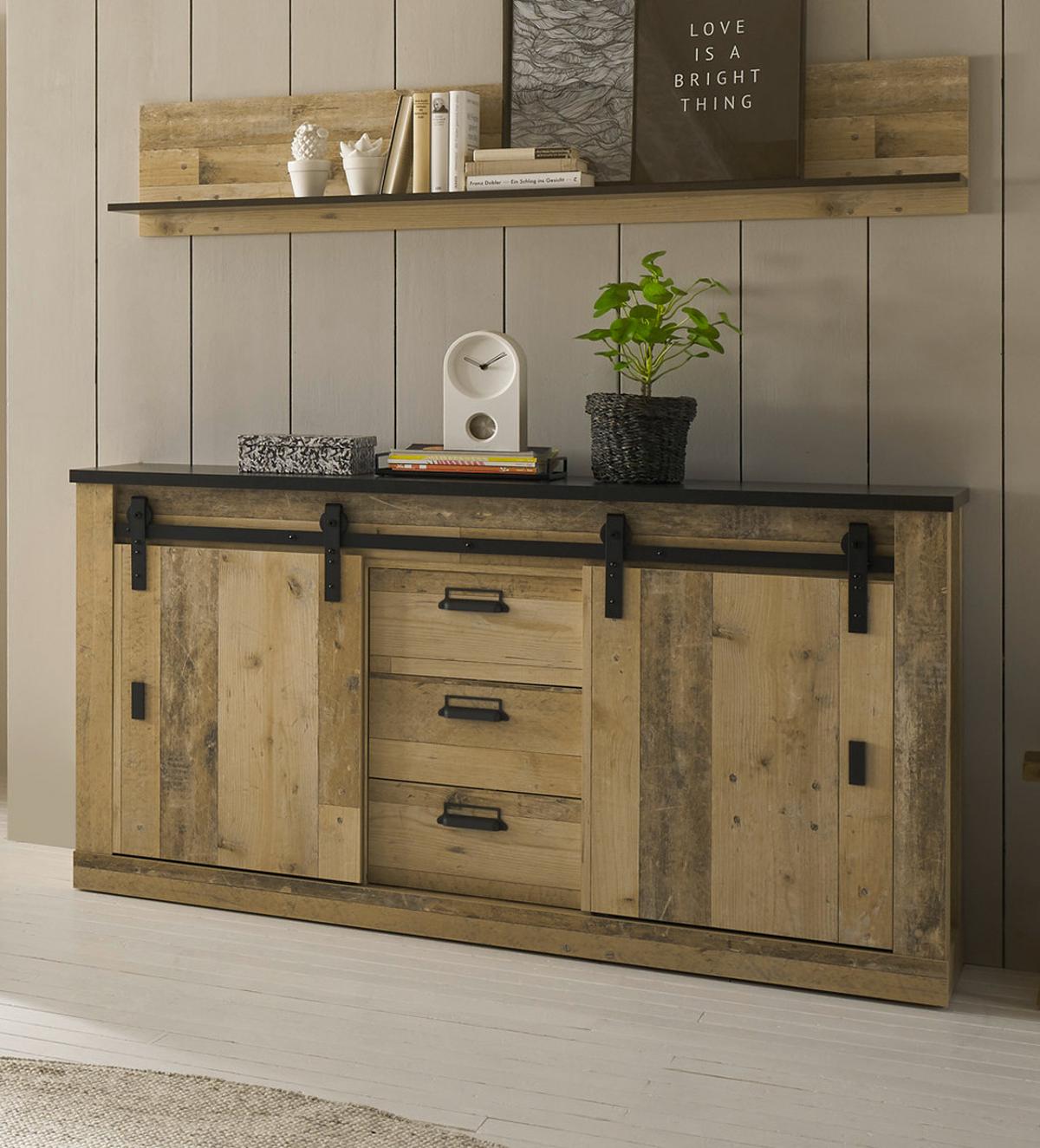 SIDEBOARD Used Wood hell, dunkles Grau 12 x 91 cm, Anrichte mit Soft-Close fürs Schlafzimmer - Dunkelgrau/Schwarz, Holzwerkstoff/Kunststoff (162/91/43cm) - Furn.Design