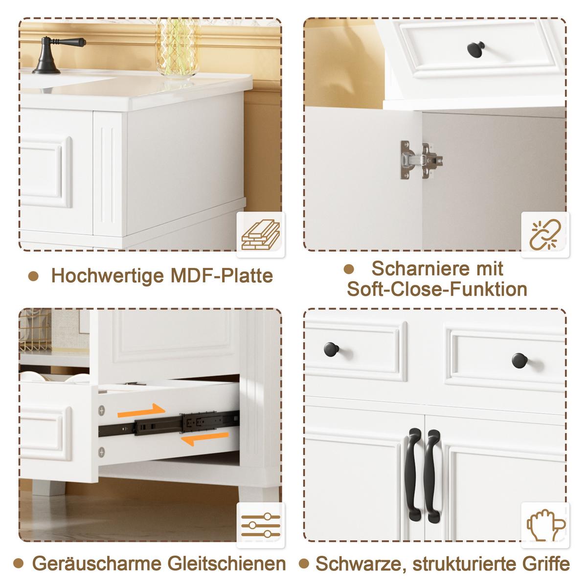 WASCHTISCH Freistehend Weiß mit Keramikbecken & 9 Fächern - Weiß, Holzwerkstoff (77/86/46cm) - Urban Meuble