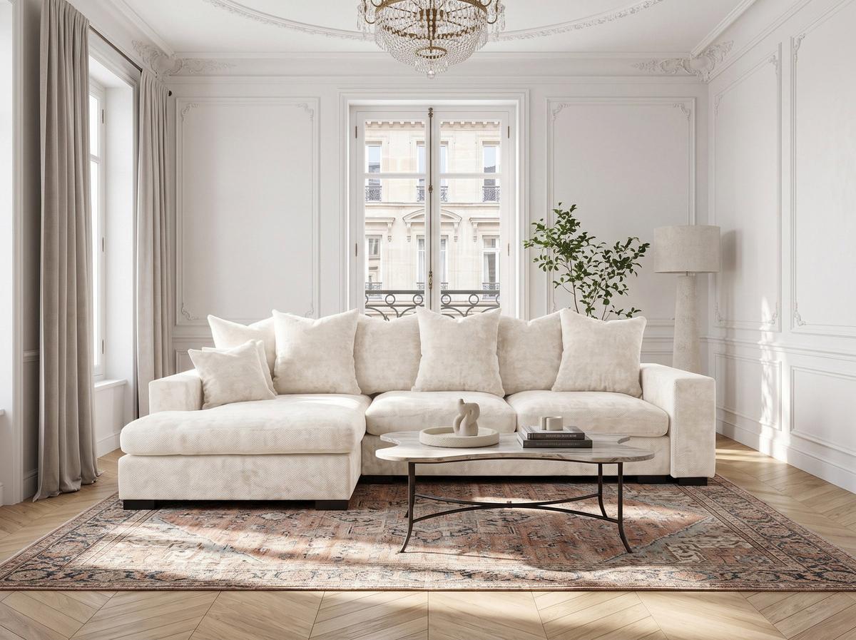 ECKSOFA Dahlia mit Schlaffunktion und Bettkasten in L-Form Links - Creme Chenille 285/92/155 cm - Creme/Schwarz, Kunststoff/Textil (285/155cm) - WFL GROUP