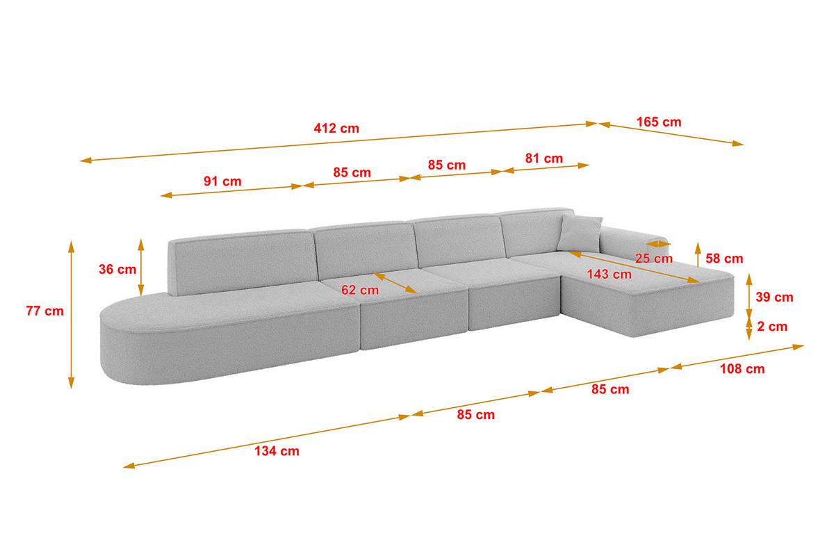 ECKSOFA Ottomane Rechts IREA-L3-v3 - 412x165x77 cm Hellgrau - Hellgrau, Holzwerkstoff/Textil (412/165cm) - ALTDECOR
