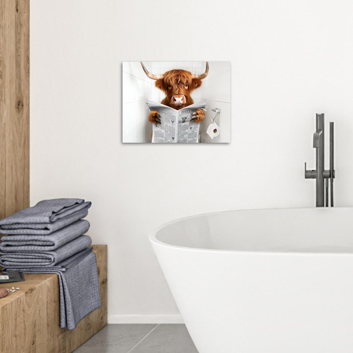 LEINWANDBILD Schottischer Highlander - Tier - Zeitung - Toilette Wandbild 40x30 cm - Kastanienfarben, Textil (40/30cm) - MuchoWow