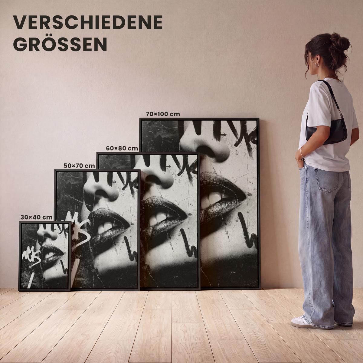 LEINWAND Bilder mit Rahmen - Gesicht - Mund - Graffiti - Schwarz - 30x40 - Schwarz, Textil (30/40cm) - MuchoWow