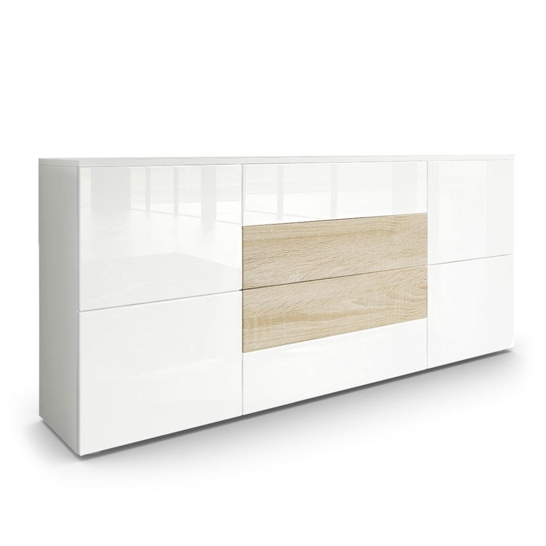SIDEBOARD Rova Weiß Hochglanz / Eiche sägerau - Weiß Hochglanz/Eiche San Remo, Holzwerkstoff (166/72/35cm) - Vladon