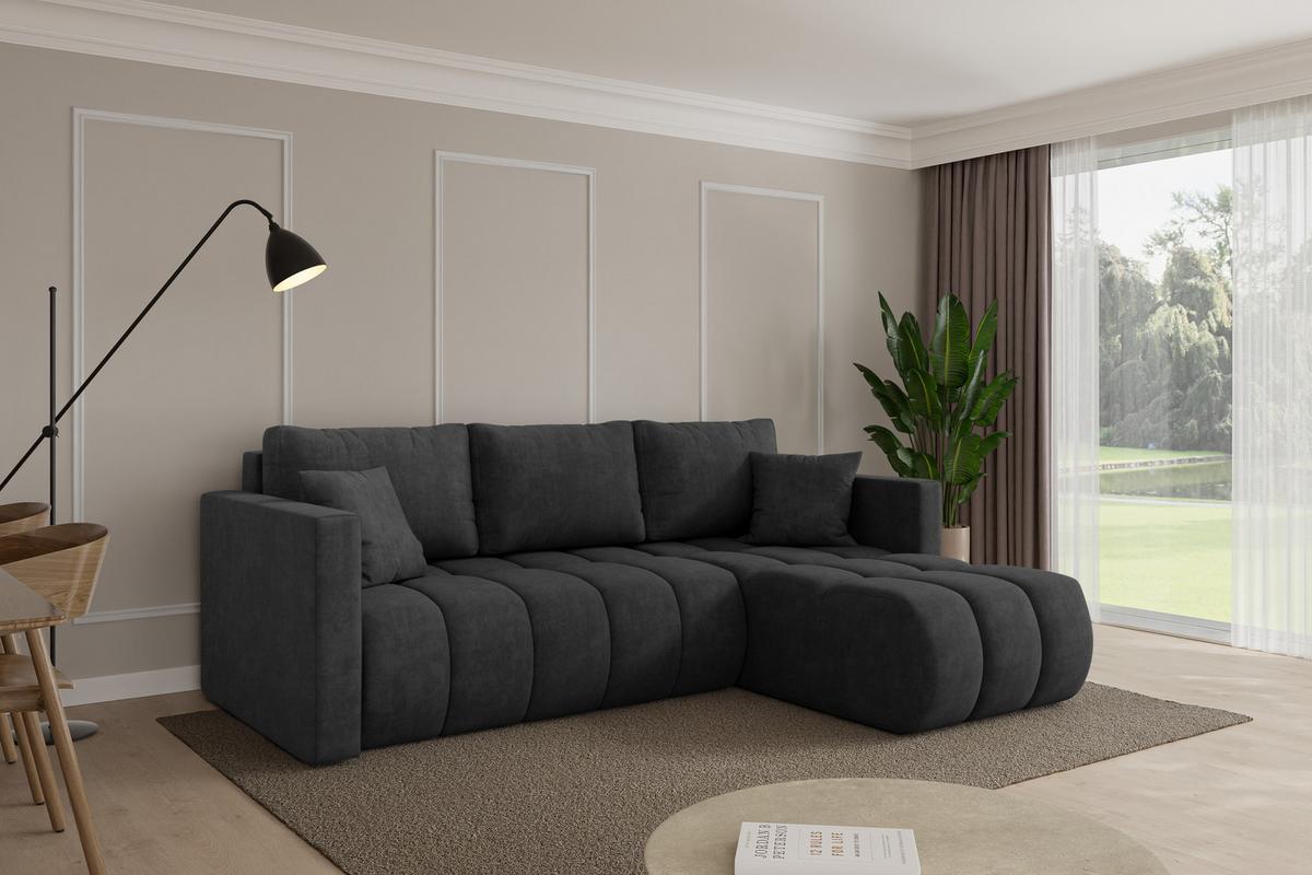 ECKSOFA mit Schlaffunktion Ottomane Rechts GARD-L 226x146x85 Dunkelgrau Velours - Anthrazit/Schwarz, Holzwerkstoff/Kunststoff (226/146cm) - ALTDECOR