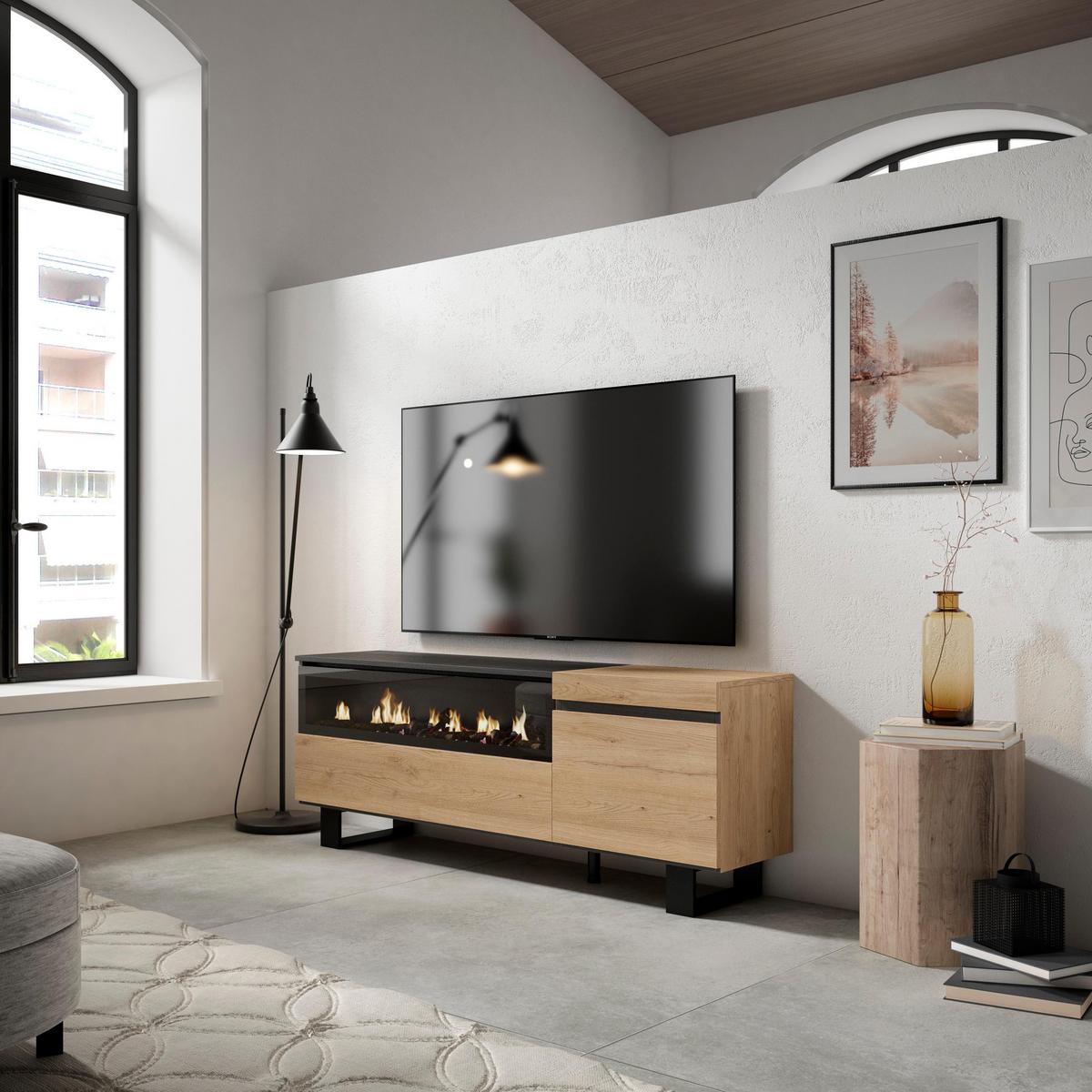LOWBOARD mit Elektrokamin Eiche, Schwarz, 150/35/57cm - Beige, Holzwerkstoff (150/57/35cm) - Skraut Home