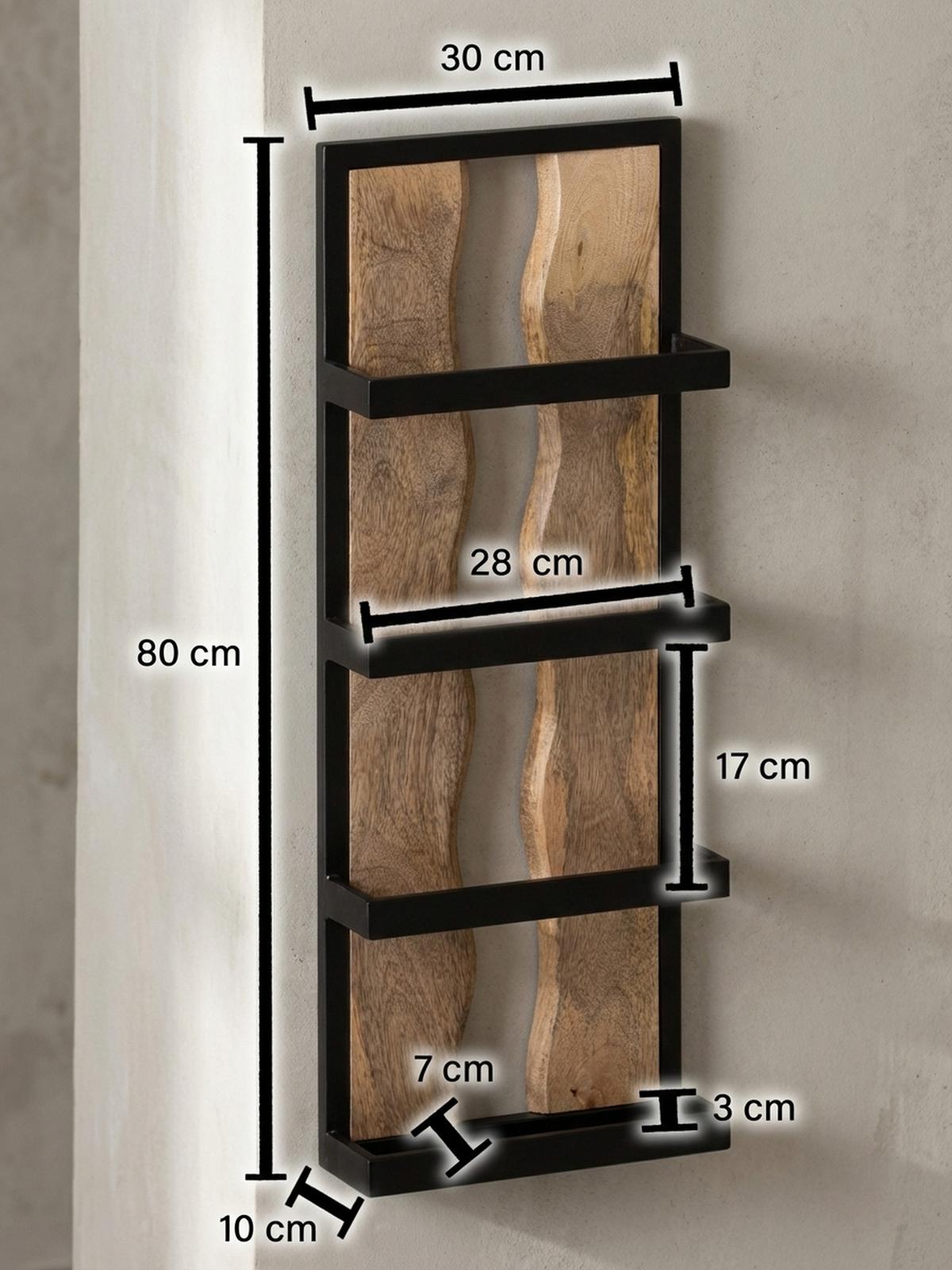WANDREGAL Mango Massivholz Metall Industrial Stil 30x80x10 cm Rechteckig mit 4 Ablagen und Wellenmuster - Braun, Holz (80/30/10cm) - KADIMA DESIGN