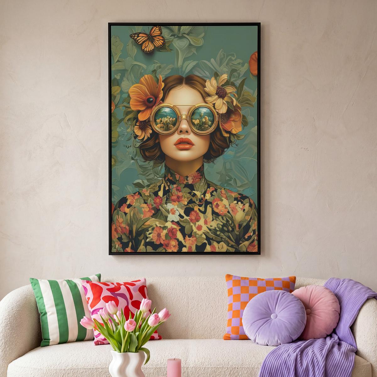 LEINWAND Bilder mit Rahmen - Frau - Blumen - Schmetterlinge - Natur - Vintage - 80x120 - Salbeigrün, Textil (80/120cm) - MuchoWow