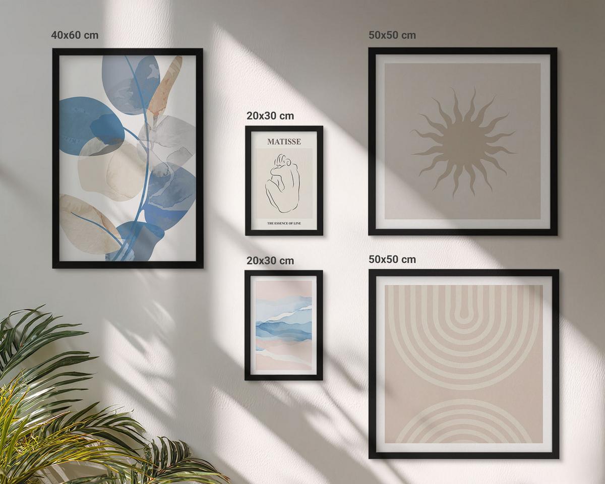 BILDER SET 5er Set - 50x50 cm & 20x30 cm & 40x60 cm Schwarzer Rahmen - Linien, Wellen, Pastellfarben, minimalistisch - Schwarz, Kunststoff (40/60cm) - TULUP