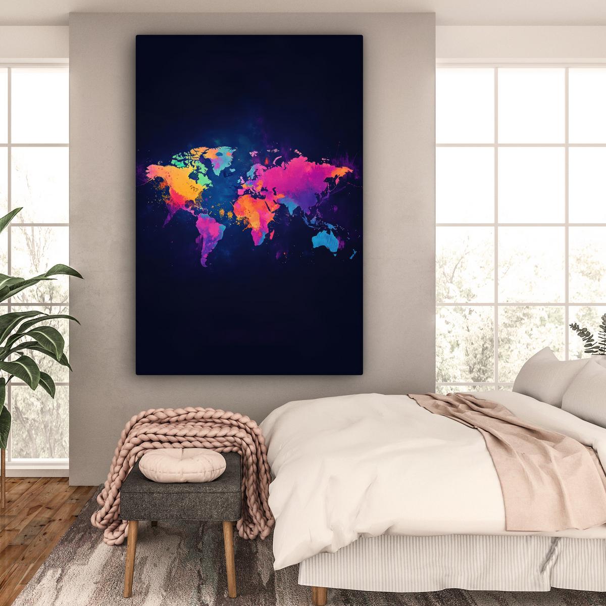 LEINWANDBILD Weltkarte - Bunt - Graffiti Deko Groß 90x140 cm - Multicolor, Textil (90/140cm) - MuchoWow