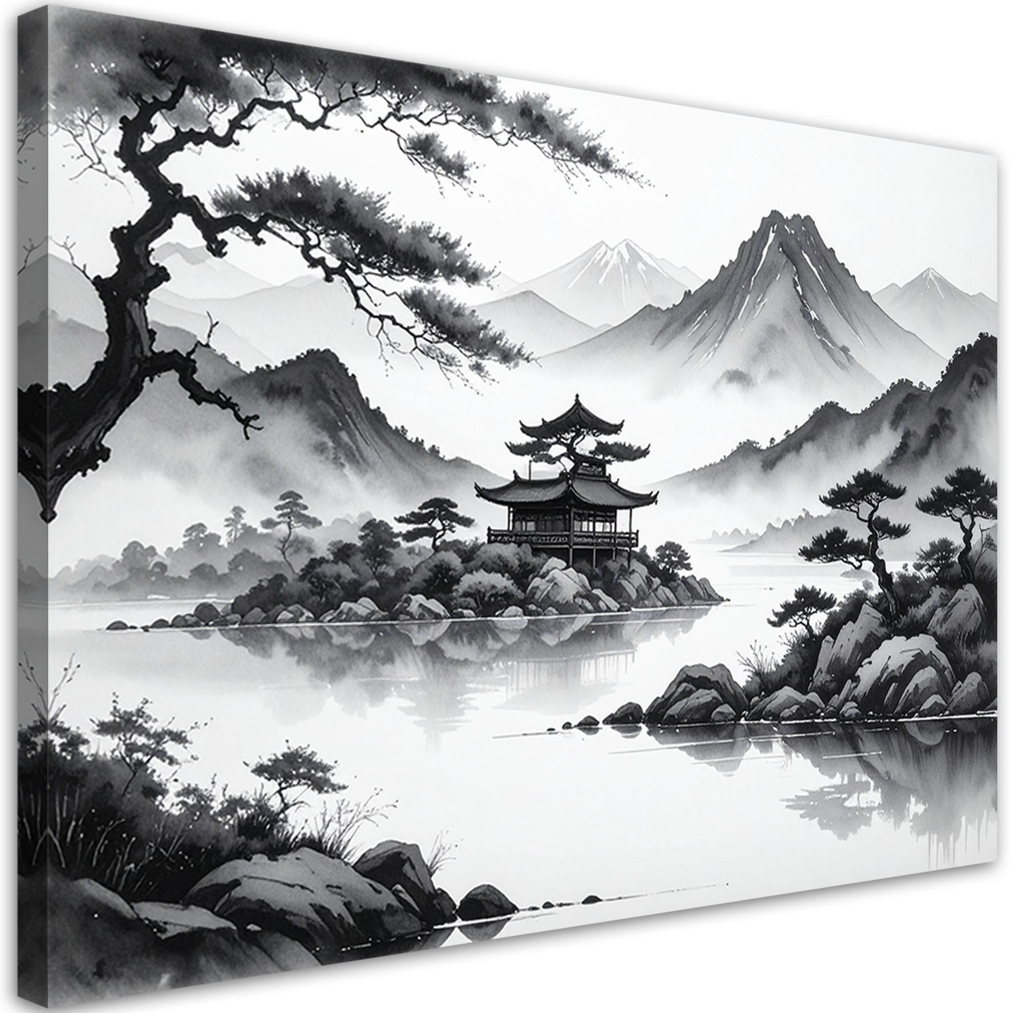 LEINWANDBILD Landschaft im japanischen Stil 120x80cm - Schwarz, Textil (120/80cm) - Feeby