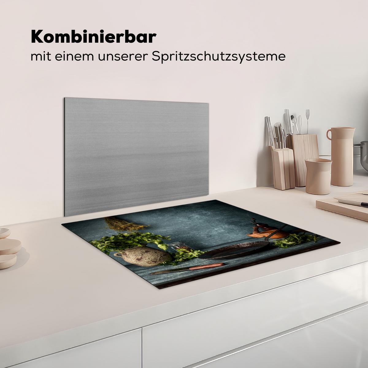 HERDABDECKPLATTE Kräuter - Gewürze - Pfanne - Messer - Grau - Rustikal Herdabdeckung Induktionsfeld 65x52 cm - Petrol, Kunststoff (65/52/0.2cm) - MuchoWow