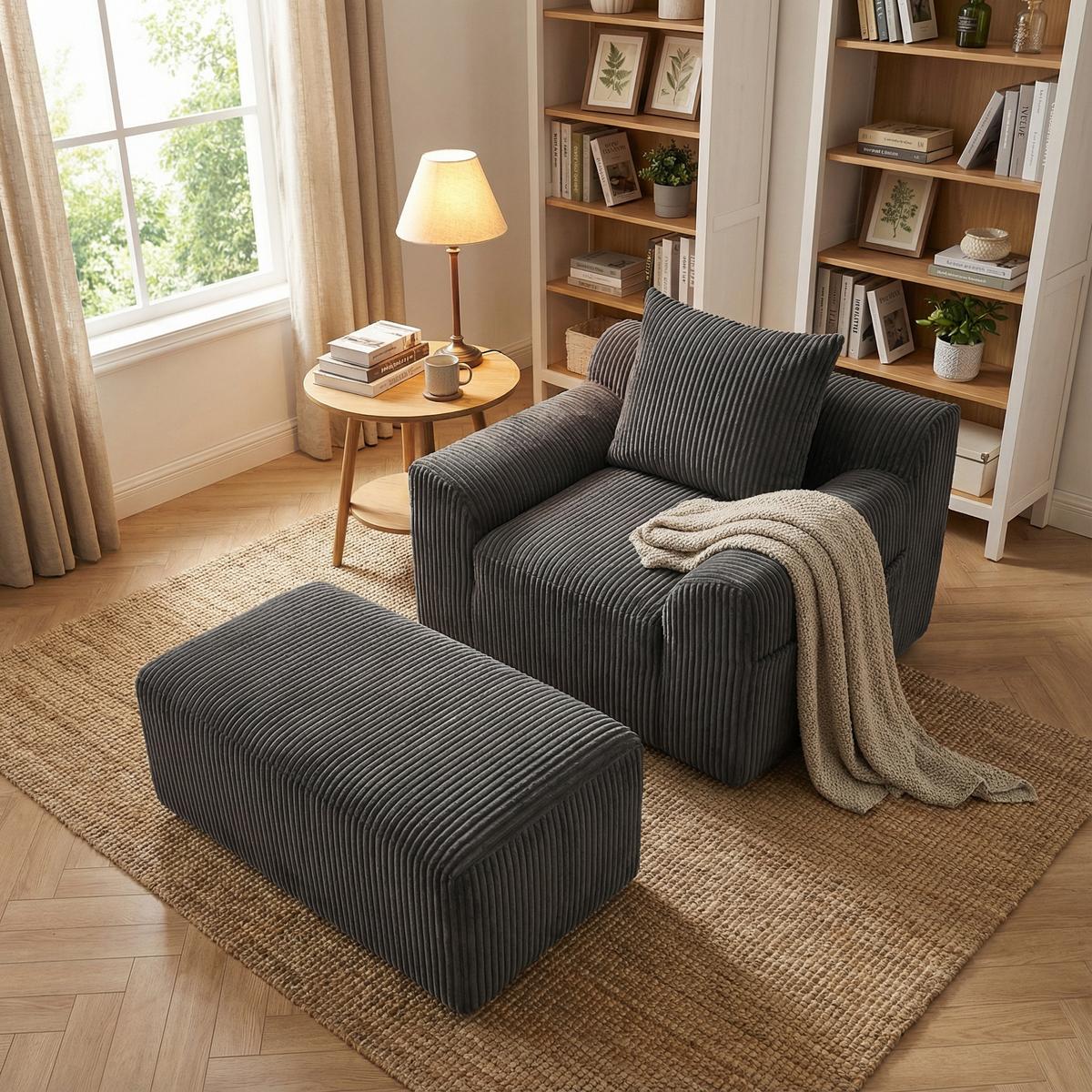 SESSEL mit Hocker in Cord Übergroßer Relaxsessel - Dunkelgrau, Textil (110/67/147cm) - Urban Meuble