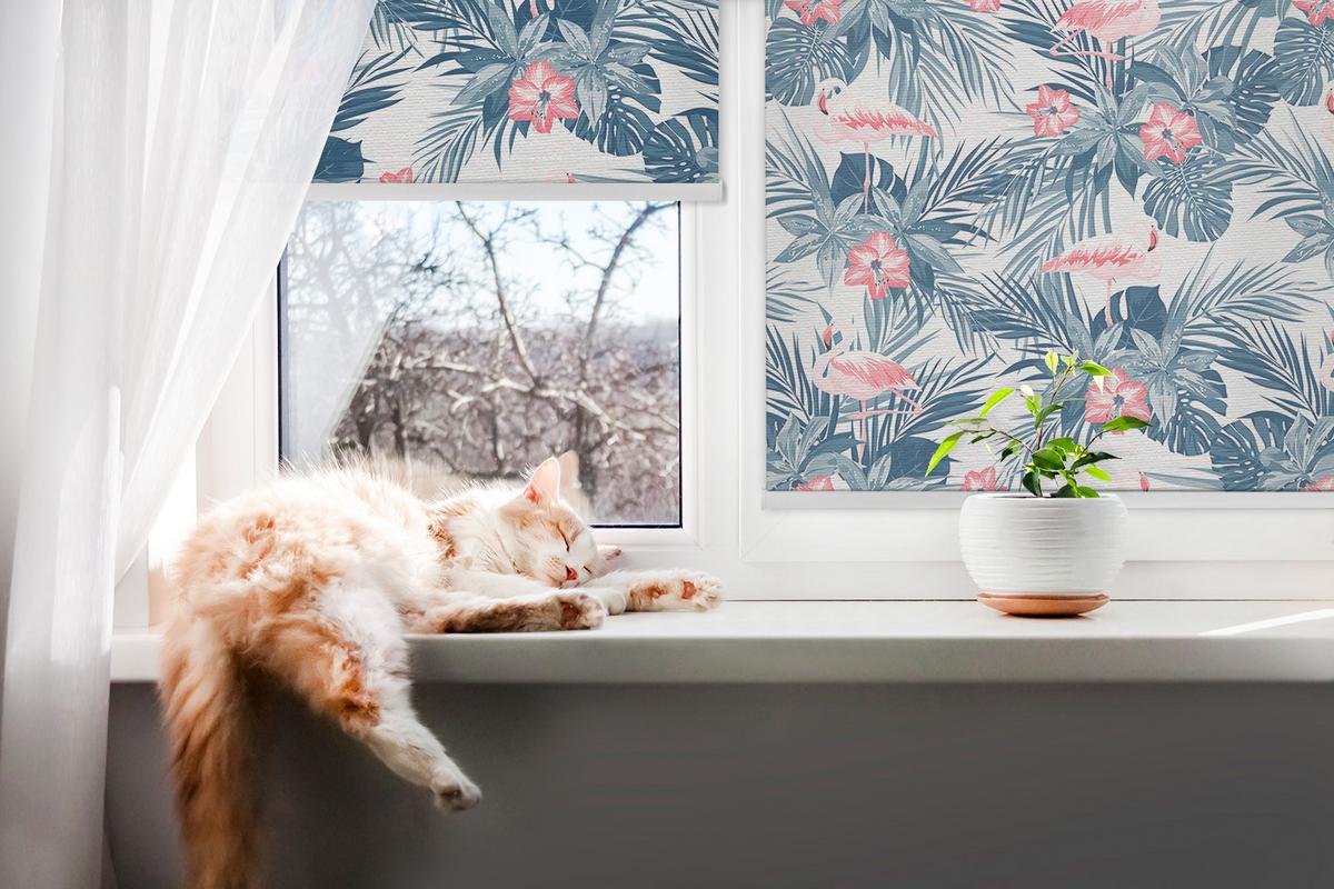 INNENROLLO - Fensterrollo - Rollo - 150x180 cm - Tropische Pflanzen und Flamingos - Blau, Kunststoff (150/180/0.5cm) - TULUP