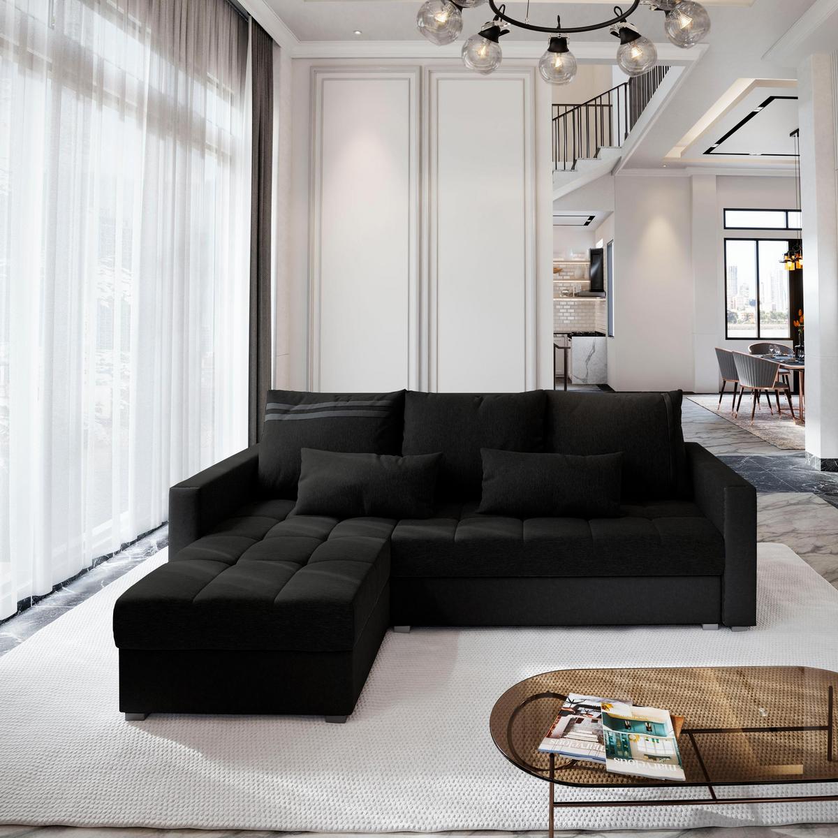 ECKSOFA KOS PIK Schwarz Dünner Stoff mit Schlaffunktion - Schwarz/Grau, Holz/Kunststoff (220/140cm) - MASSENO