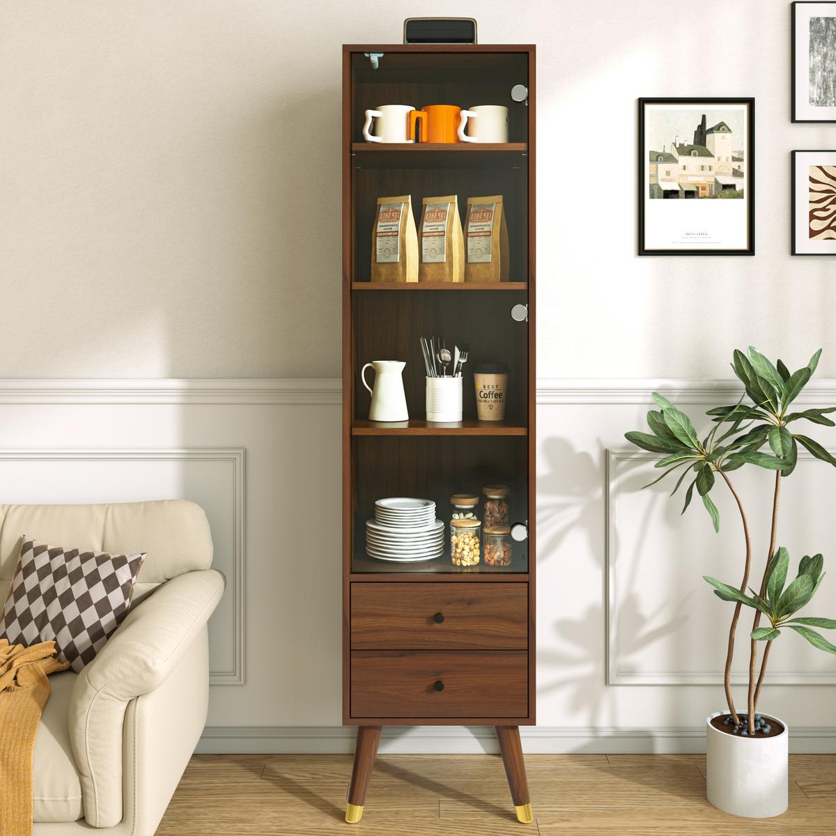 HIGHBOARD Nussbaumholz-Optik mit Glastür, 2 Schubladen & verstellbaren Regalen - Walnussfarben, Holzwerkstoff (39.8/160/35cm) - Urban Meuble