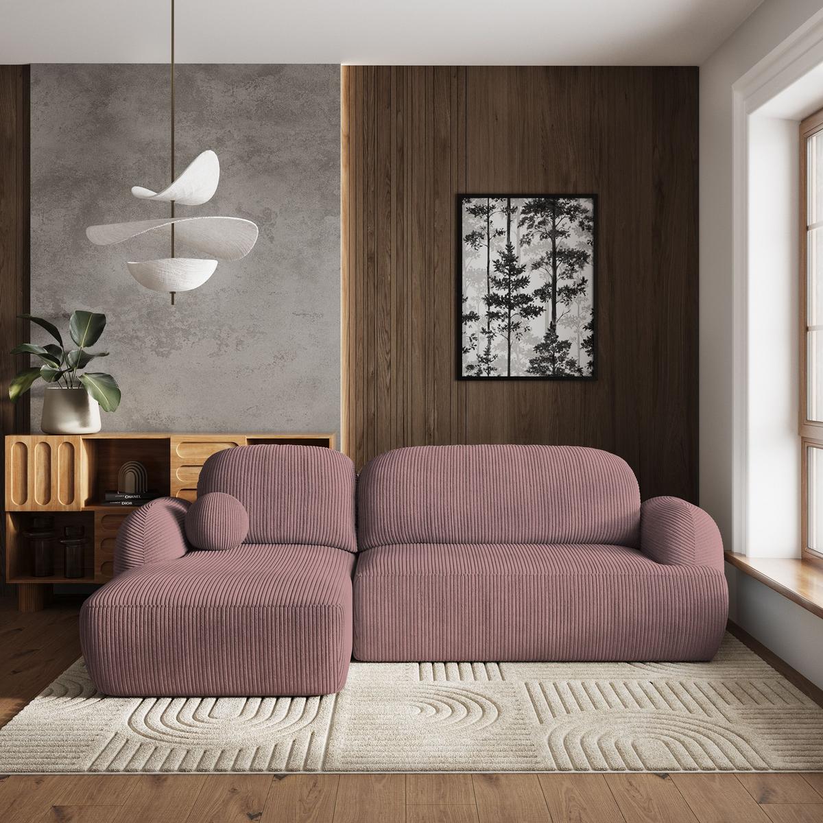 ECKSOFA MODENZA P L-S Lila Kordstoff mit Schlaffunktion - Lila/Schwarz, Holz/Kunststoff (266/148cm) - MASSENO