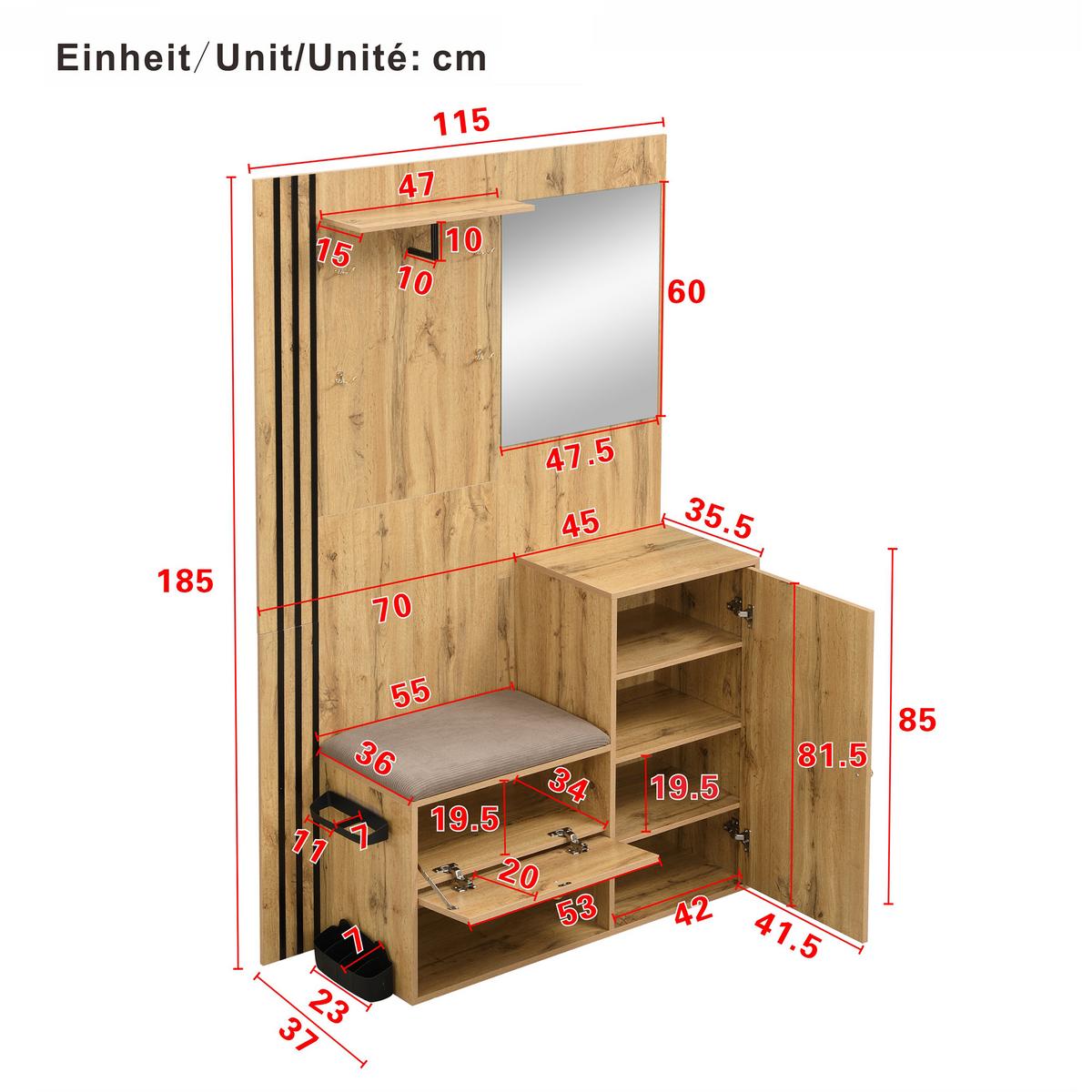 KOMPAKTGARDEROBE in Natur-Optik – mit Spiegel & Schirmständer - Naturfarben, Holzwerkstoff (115/185/37cm) - Urban Meuble