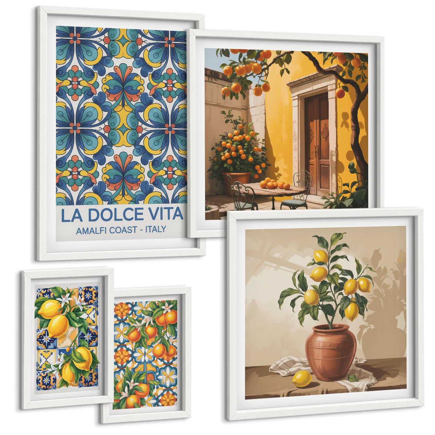 BILDER SET 5er Set - 50x50 cm & 20x30 cm & 40x60 cm Weißer Rahmen - Zitronen, Blumen, Orangen, Italien - Weiß, Kunststoff (40/60cm) - TULUP