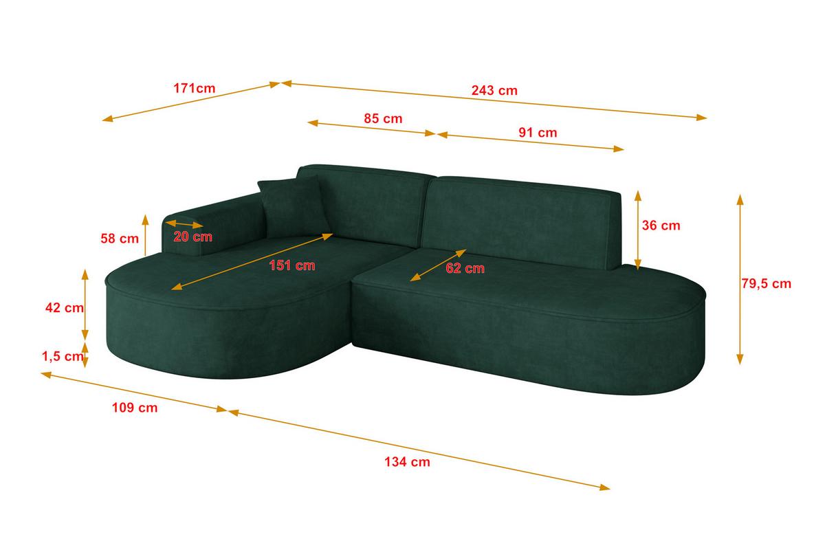 ECKSOFA Ottomane Links MARI-L1 - 243x171x79 cm Grün Velours - Schwarz/Grün, Holzwerkstoff/Kunststoff (243/171cm) - ALTDECOR