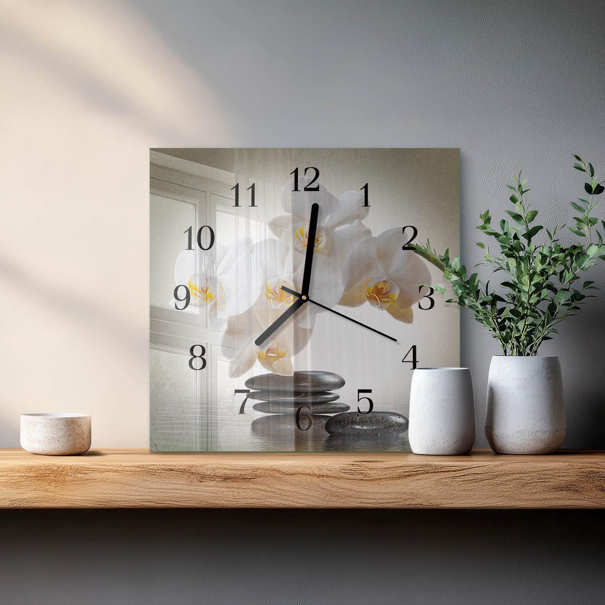WANDUHR aus Glas 30x30 cm - Orchidee - Weiß, Glas (30/30/0.4cm) - TULUP