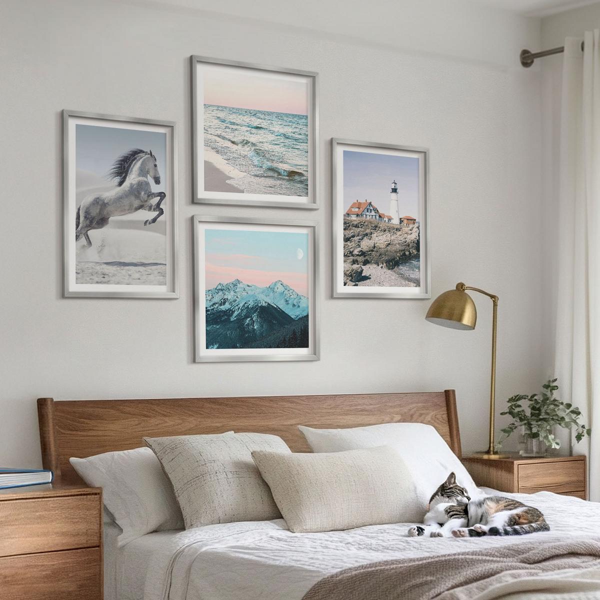 BILDER SET 4er Set - 50x50 cm & 40x60 cm Silberner Rahmen - Pferde, Bewegung, Strand, Leuchtturm, Berge - Silberfarben, Kunststoff (50/50cm) - TULUP