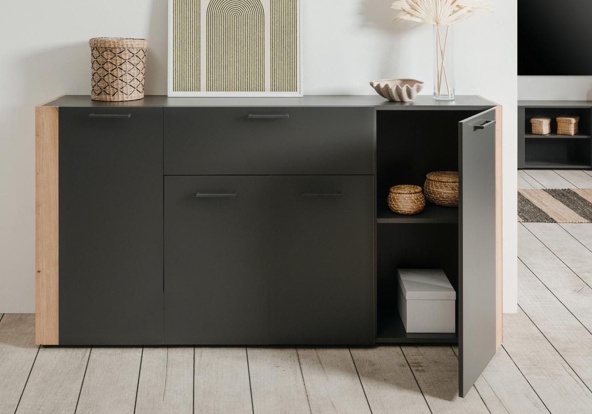 SIDEBOARD grau, Artisan Eiche 162 x 85 cm, Kommode 4-türig - Anthrazit/Schwarz, Holzwerkstoff/Kunststoff (162/85/34.5cm) - Furn.Design