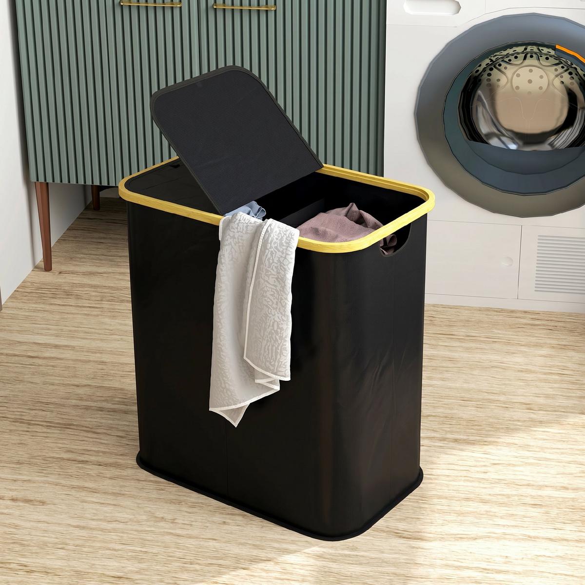 WÄSCHESORTIERER Bambus Vliesstoff Schwarz - Schwarz, Textil (34/58.5/54cm) - HOMCOM