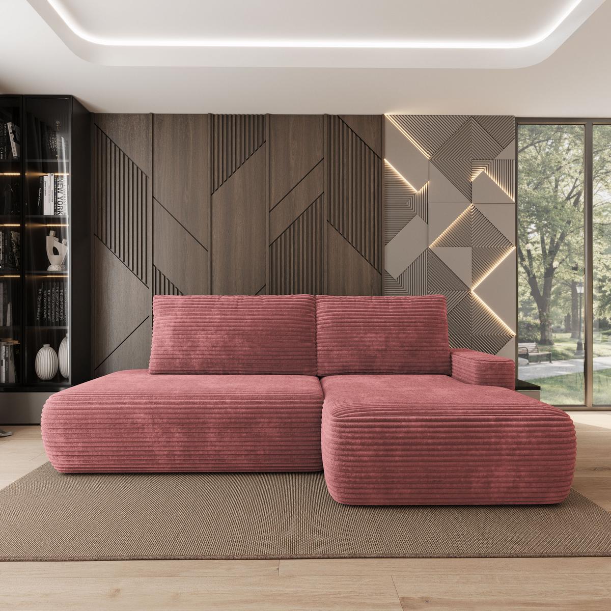 ECKSOFA AVINI T R-S Rosa Kordstoff mit Schlaffunktion - Rosa, Holzwerkstoff/Textil (277/160cm) - MASSENO
