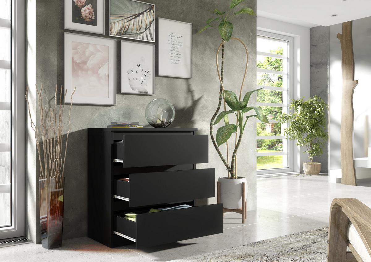 KOMMODE NUDO 70/78,5/39cm mit 3 Schubladen Türen Schwarz - Schwarz, Holzwerkstoff (70/78.5/39cm) - MASSENO