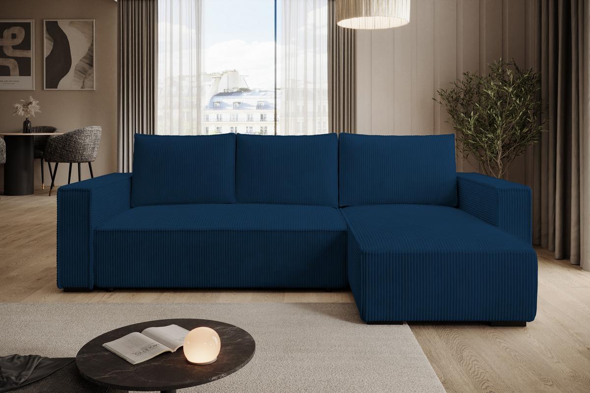ECKSOFA CUDDY L, Eckcouch in L-Form mit Schlaffunktion und Bettkasten, Farbe: Blau, Cordstoff, Ottomane Rechts - Blau, Textil (240/140cm) - Storez24