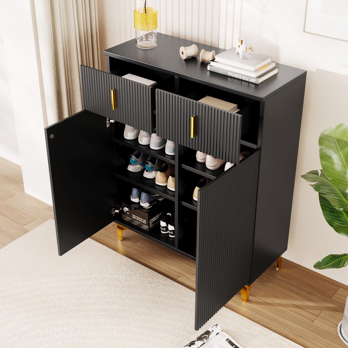 SCHWARZES Sideboard mit Struktur und goldenen Details SHEZA - Schwarz, Holzwerkstoff/Metall (45/101/54cm) - Urban Meuble