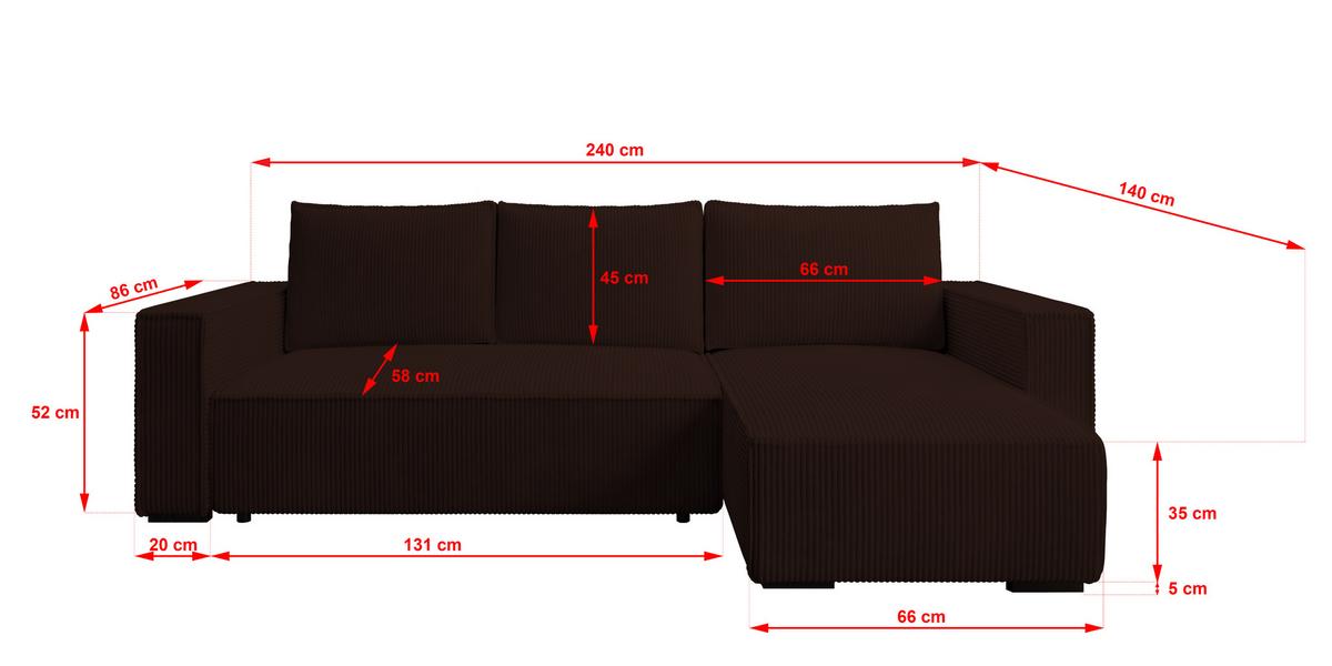 ECKSOFA CUDDY L, Eckcouch in L-Form mit Schlaffunktion und Bettkasten, Farbe: Dunkelbraun, Cordstoff, Ottomane Rechts - Dunkelbraun, Textil (240/140cm) - Storez24