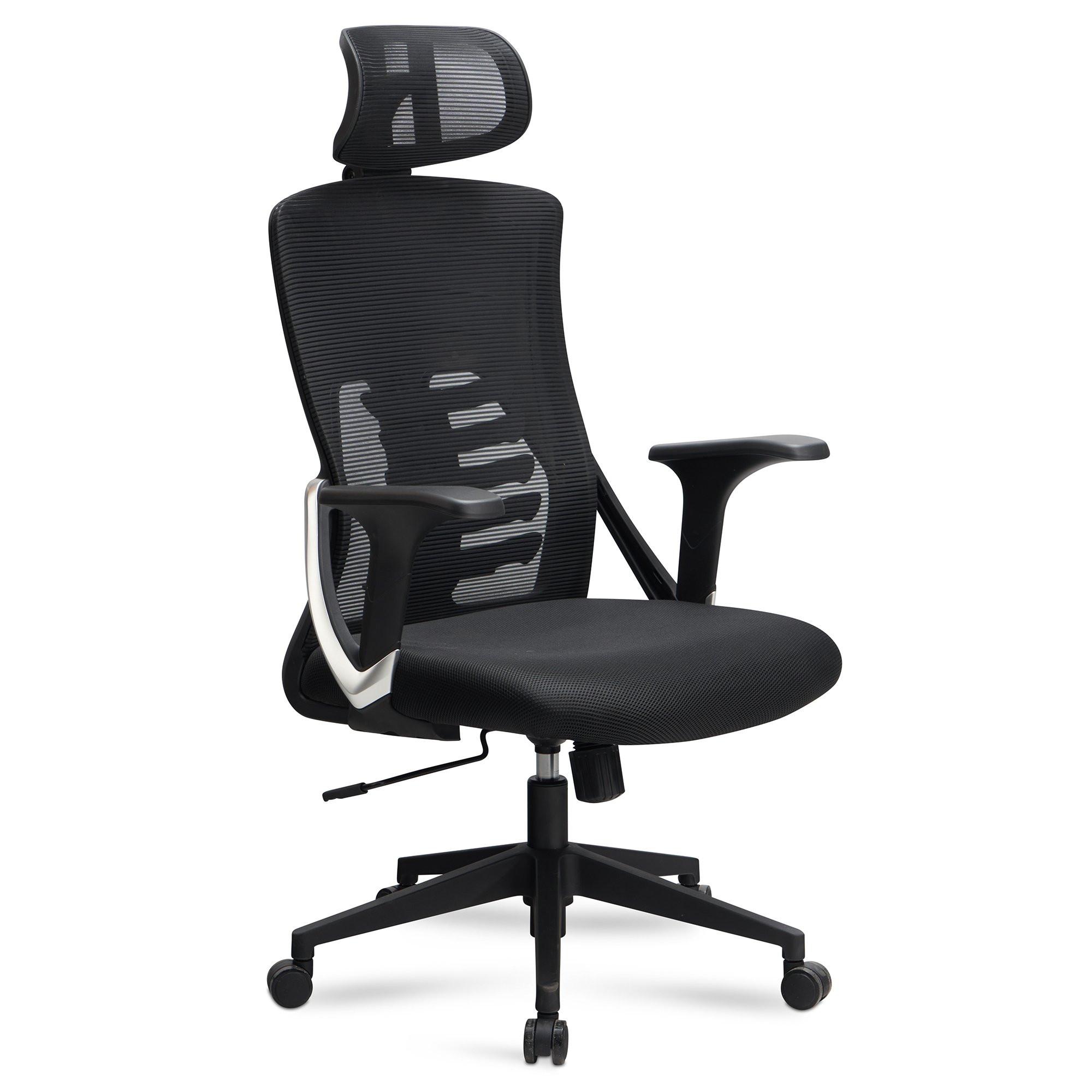 BÜRODREHSTUHL Schwarz Mesh mit Wippmechanik, Kopfstütze und 4-fach Lordosenstütze ASTRA - Schwarz, Kunststoff/Textil (65/123/65cm) - KADIMA DESIGN