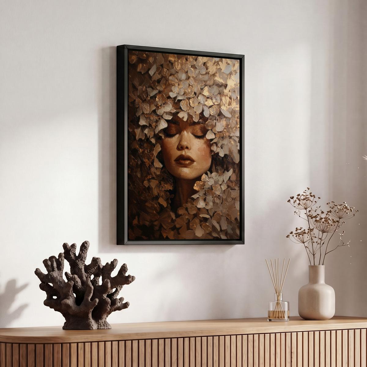 LEINWAND Bilder mit Rahmen - Gesicht - Dame - Blätter - Pinselstriche - 20x30 - Goldfarben, Textil (20/30cm) - MuchoWow
